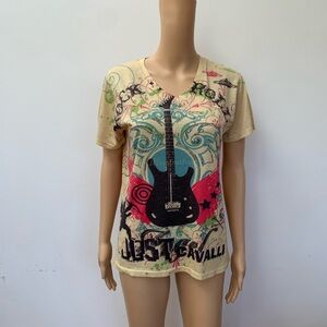 Just Cavalli yellow guitar rock V-neck short sleeve cotton tee t-shirt top M